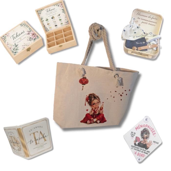 Sélection d'articles personnalisables Te Aroha - gourde isotherme, sac de plage, plateau en bois, coffret bébé et cadeaux personnalisés inspiration polynésienne